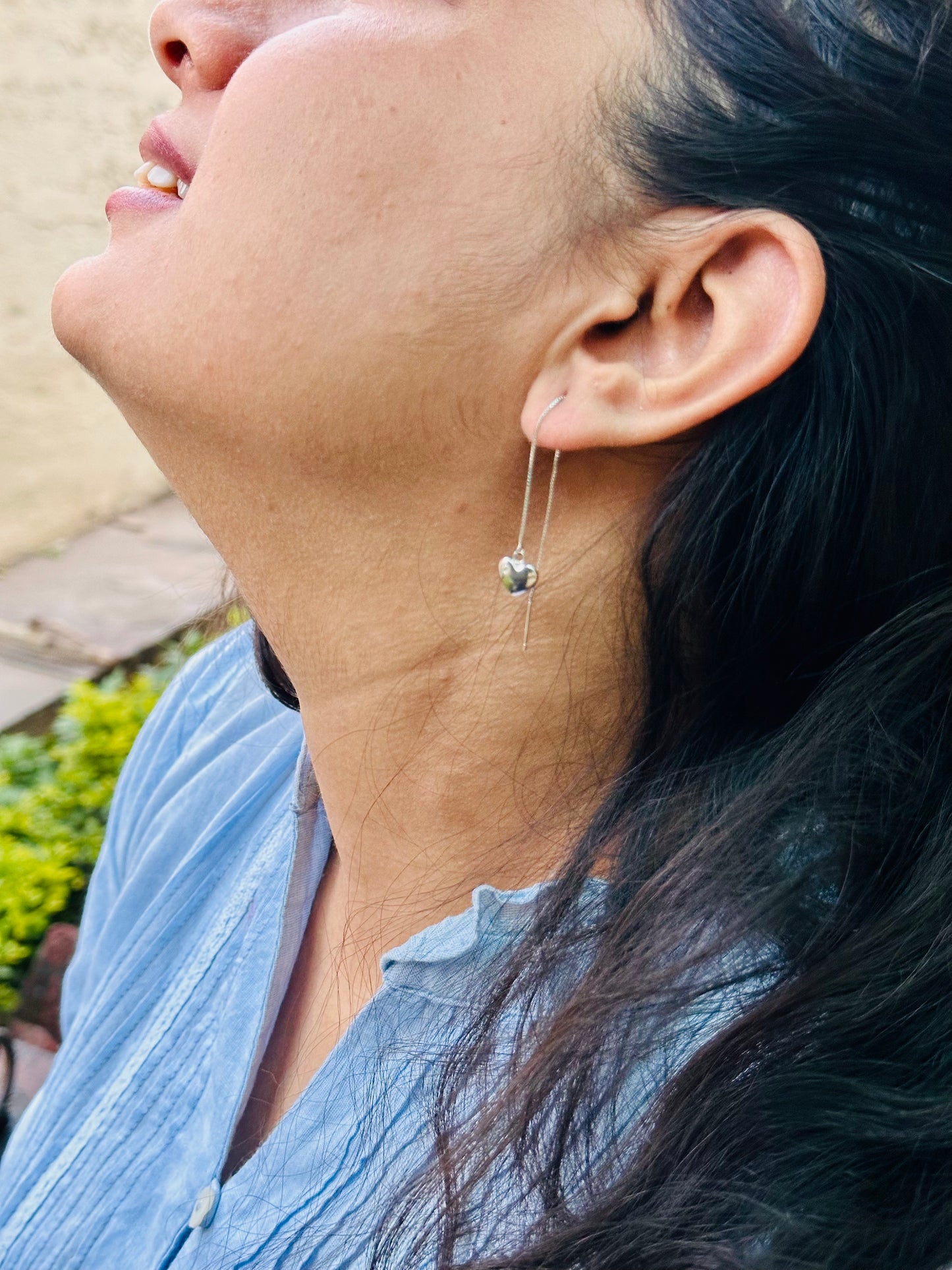 Minimalist Silver Threader Earrings with Heart Charm