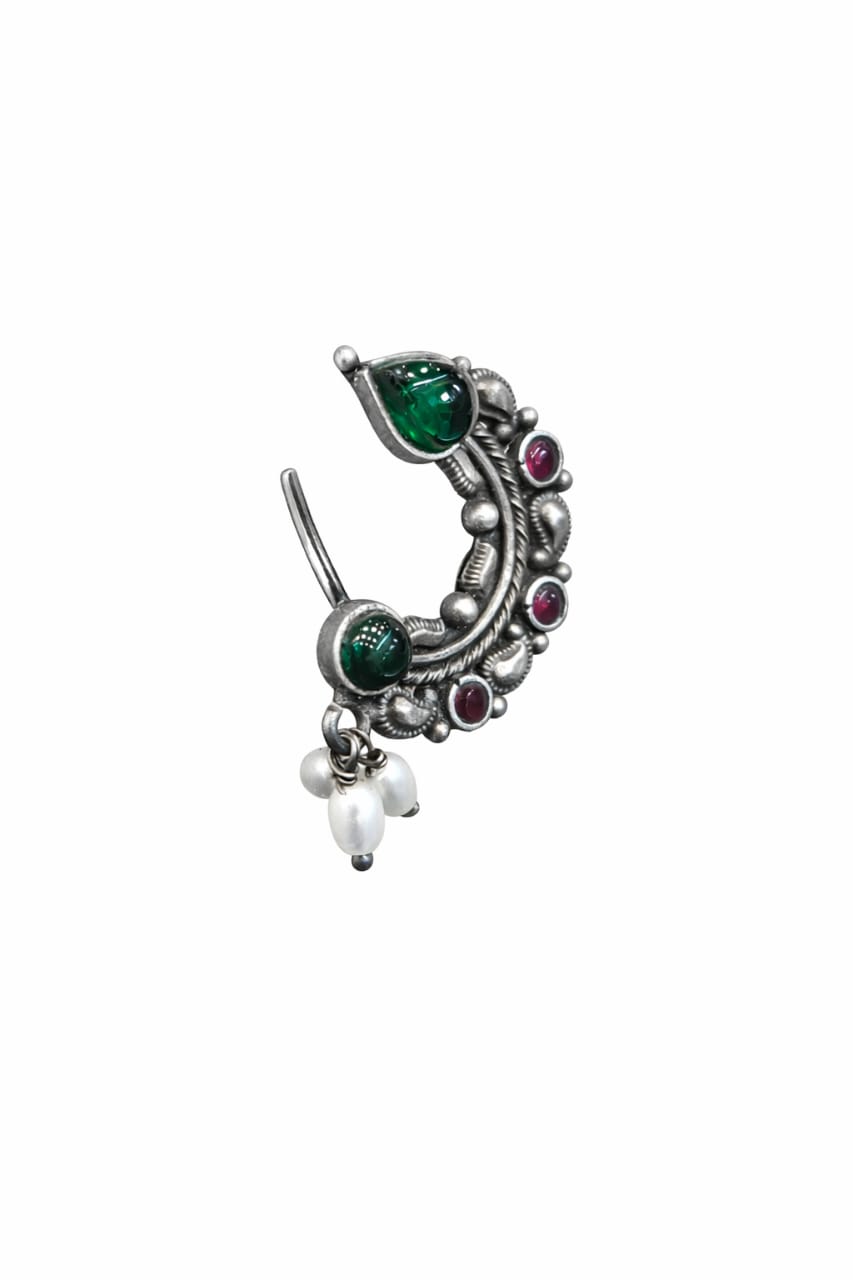 Pure Silver Nath with Green & Ruby Accents