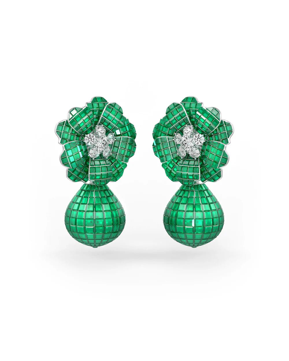 Emerald Green Mosaic Flower Drop Earrings - The Aarna Jewels