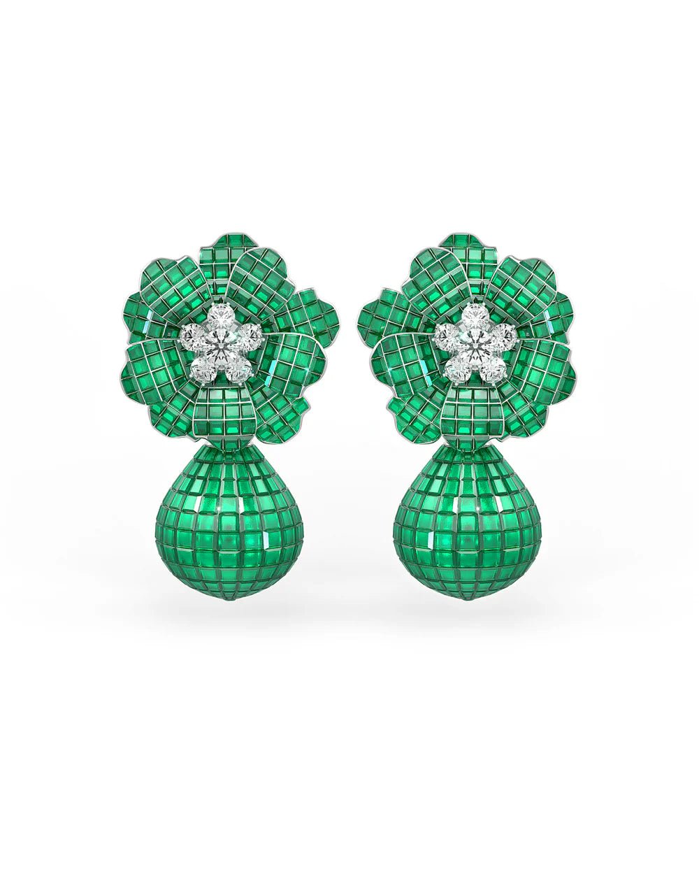 Emerald Green Mosaic Flower Drop Earrings - The Aarna Jewels