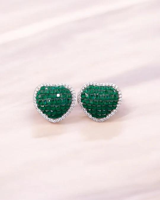 Emerald Mosaic Heart Stud Earrings - The Aarna Jewels