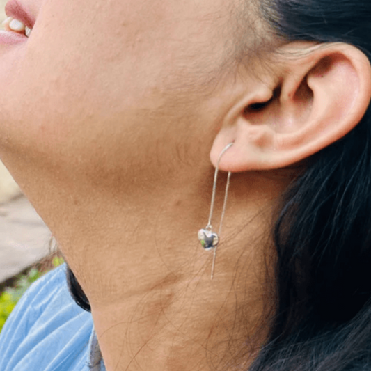 Minimalist Silver Threader Earrings with Heart Charm - The Aarna Jewels