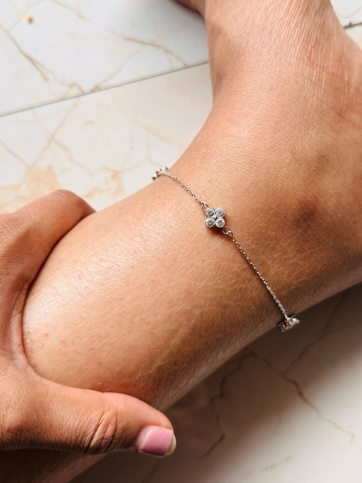 Twinkle Bloom – Silver CZ Floral Anklet - The Aarna Jewels
