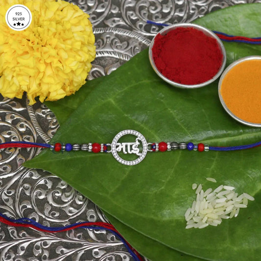 925 Silver "Bhai" Rakhi with Red & Blue Beads – Traditional Raksha Bandhan Special - The Aarna Jewels