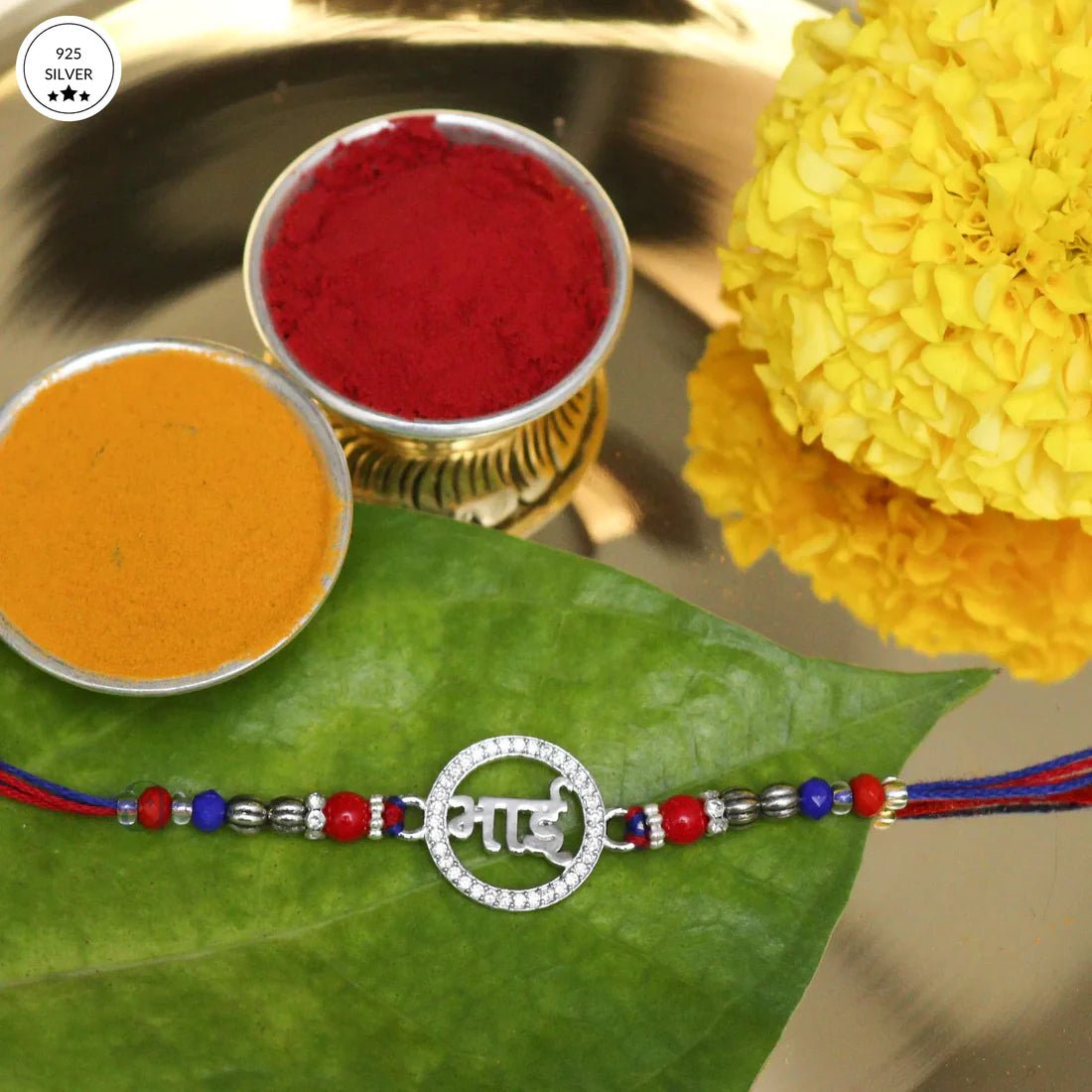 925 Silver "Bhai" Rakhi with Red & Blue Beads – Traditional Raksha Bandhan Special - The Aarna Jewels
