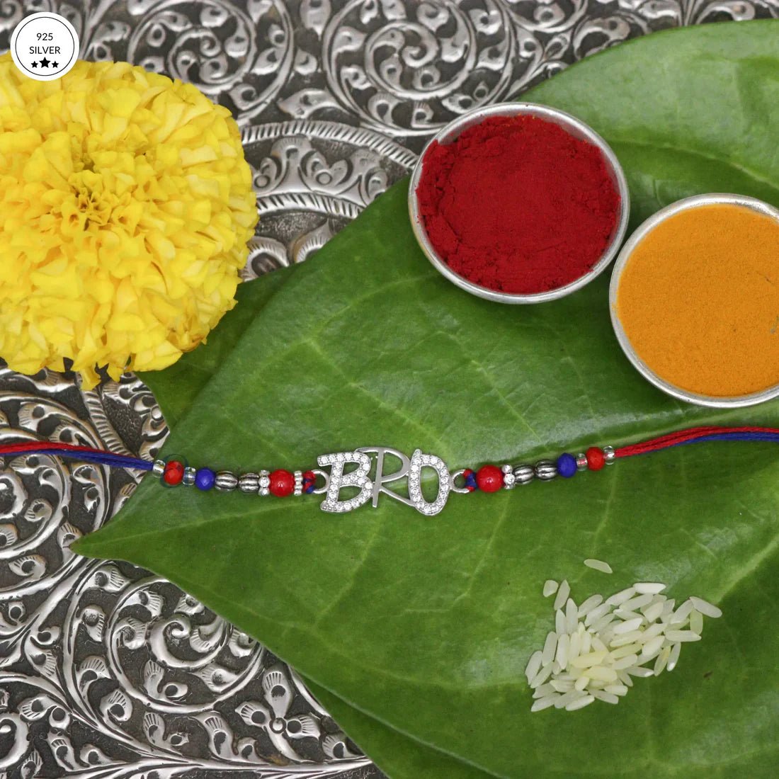 925 Silver "BRO" Rakhi with Red & Blue Beads – Stylish Raksha Bandhan Rakhi - The Aarna Jewels