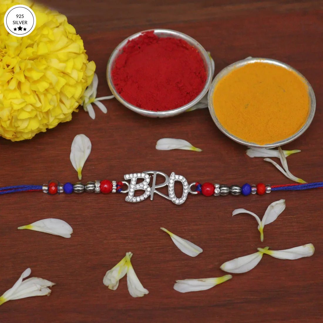 925 Silver "BRO" Rakhi with Red & Blue Beads – Stylish Raksha Bandhan Rakhi - The Aarna Jewels