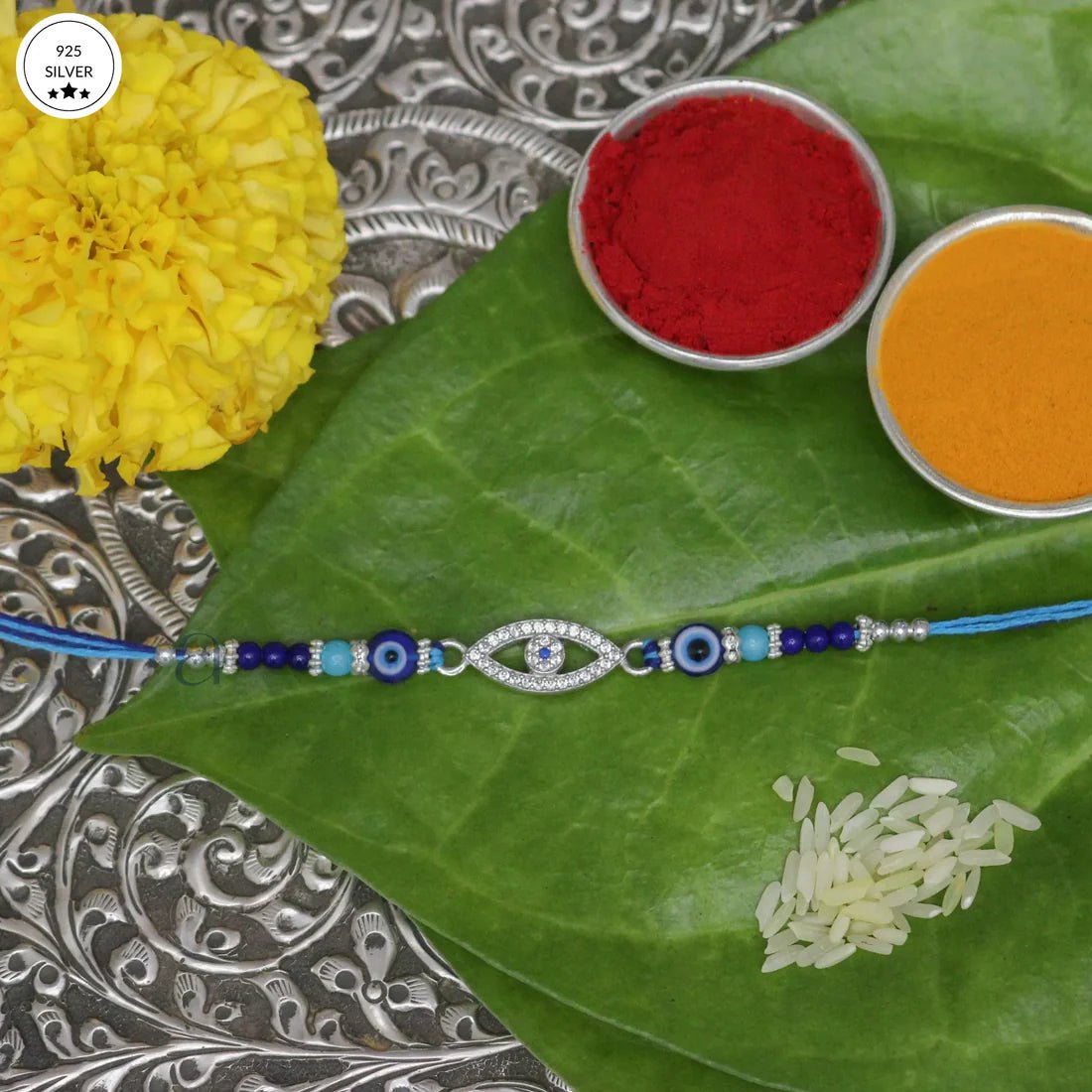 925 Silver Evil Eye Rakhi with Blue Beads – Protection & Style - The Aarna Jewels