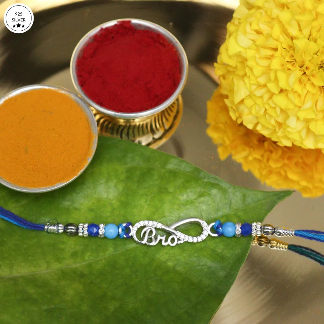 925 Silver Infinity Bro Rakhi with Blue Beads - The Aarna Jewels