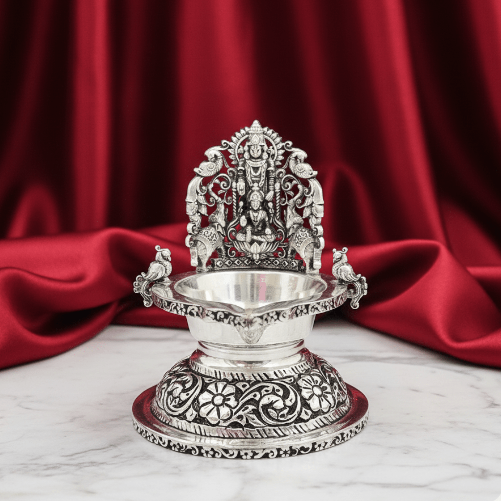 925 Sterling Silver Laxmi Pattern Diya - The Aarna Jewels