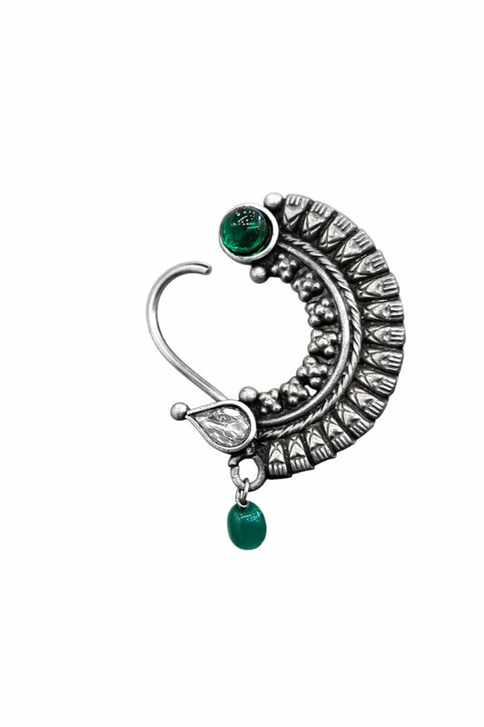 Pure Silver Nath with Green Stone Drop