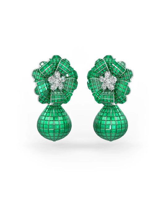 Emerald Green Mosaic Flower Drop Earrings - The Aarna Jewels