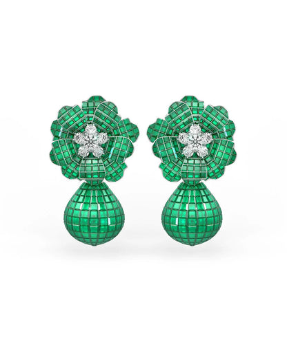 Emerald Green Mosaic Flower Drop Earrings - The Aarna Jewels