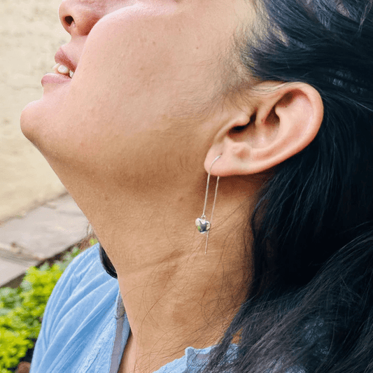 Minimalist Silver Threader Earrings with Heart Charm - The Aarna Jewels