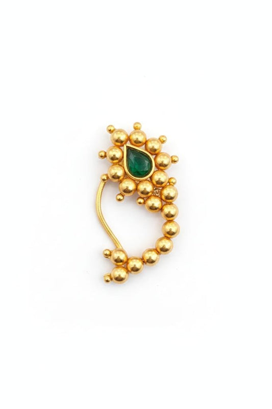 Pure Silver Gold - Finish Nath with Green Stone - The Aarna Jewels
