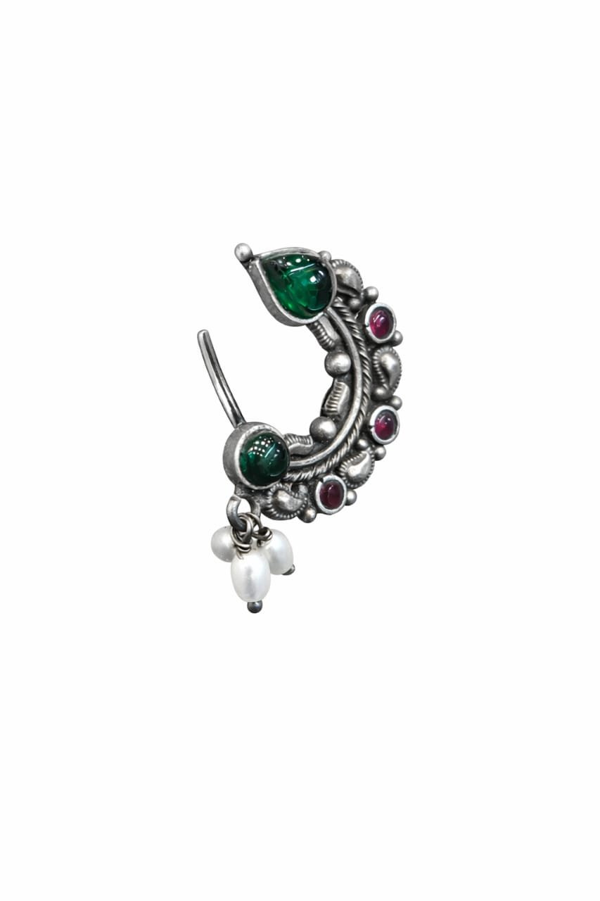 Pure Silver Nath with Green & Ruby Accents - The Aarna Jewels