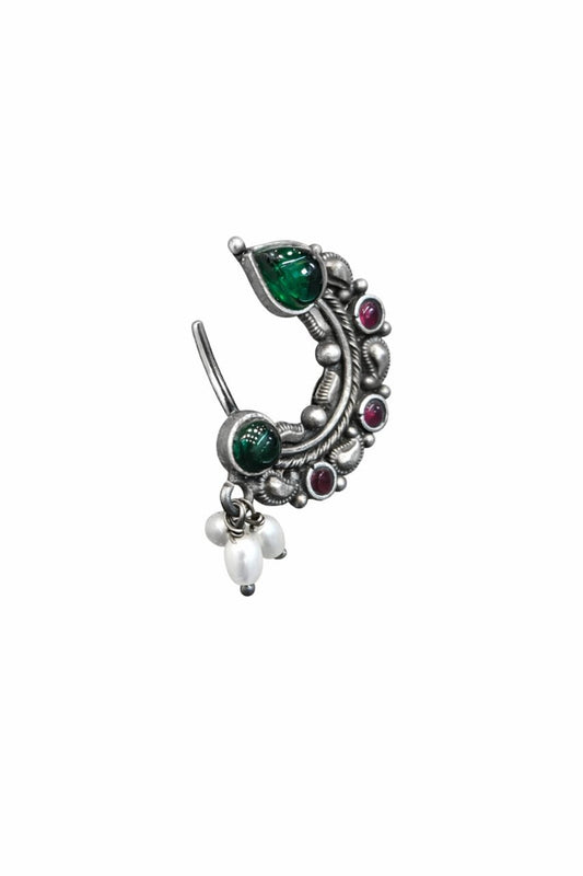 Pure Silver Nath with Green & Ruby Accents - The Aarna Jewels