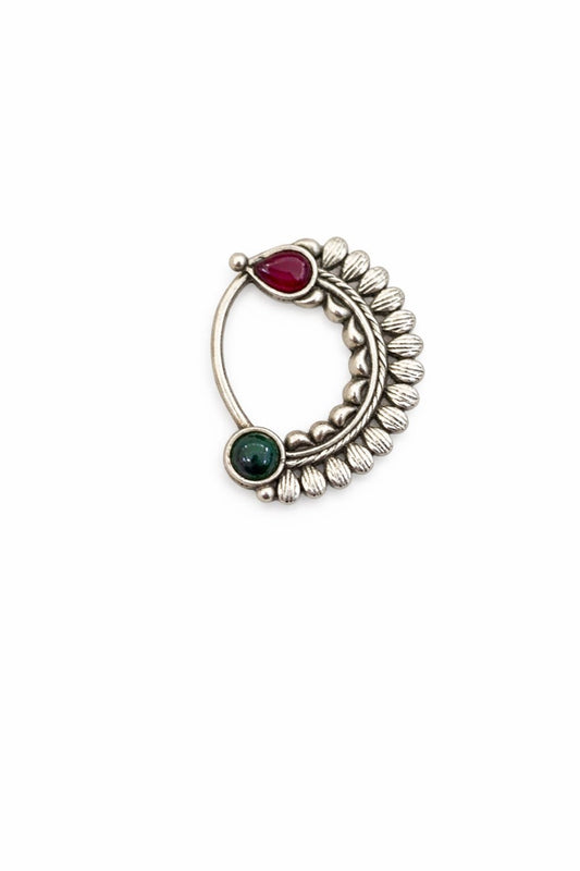 Pure Silver Nath with Green & Ruby Accents - The Aarna Jewels