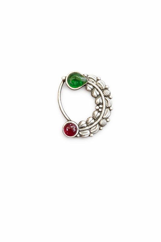 Pure Silver Nath with Green & Ruby Stones - The Aarna Jewels
