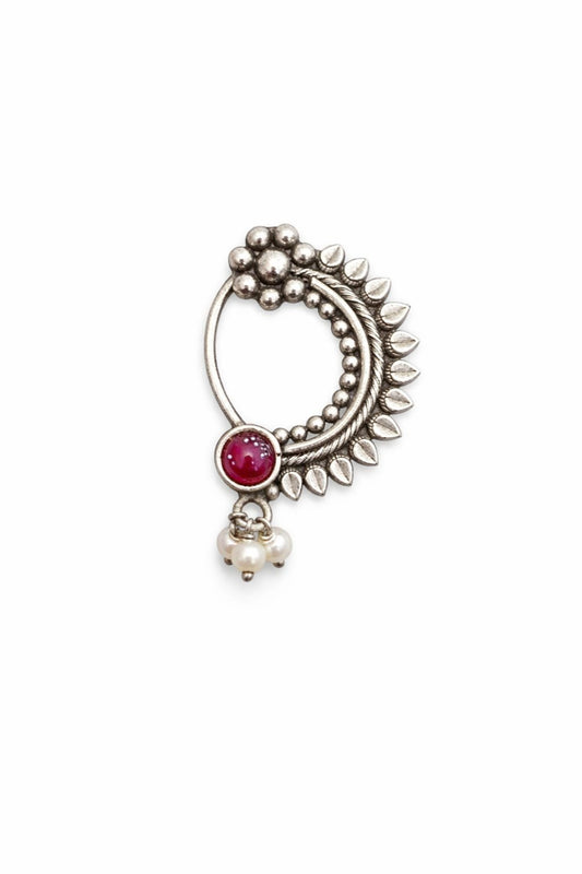 Pure Silver Nath with Ruby Stone & Pearl Drops - The Aarna Jewels